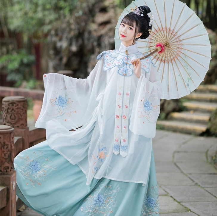汉服仙姬女明制全刺绣立领斜襟长衫云肩四件套...