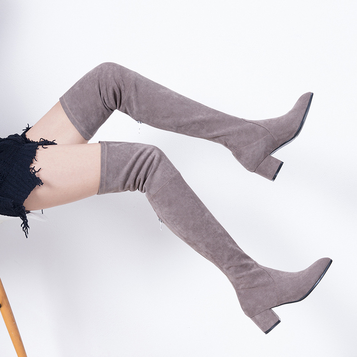 网红尖头粗中跟长筒靴女过膝靴子新款秋款极#...