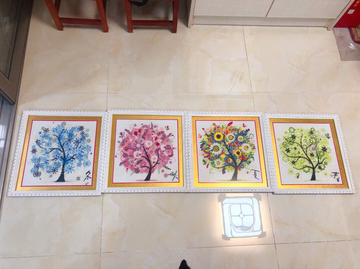 刺绣画手工刺绣画，在家里妈妈绣的一套画，春...