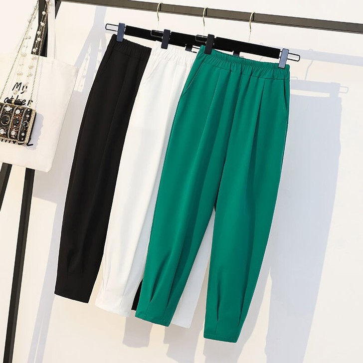 2021夏季松紧腰束脚西装哈伦裤女宽松显瘦...