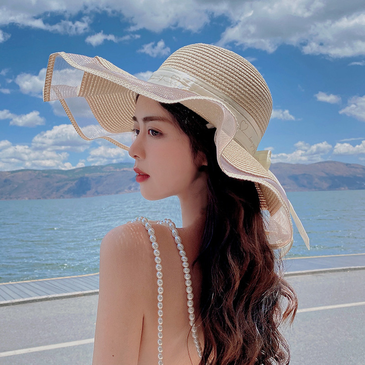 平顶草帽女夏遮阳海边防晒沙滩帽子度假可折叠...