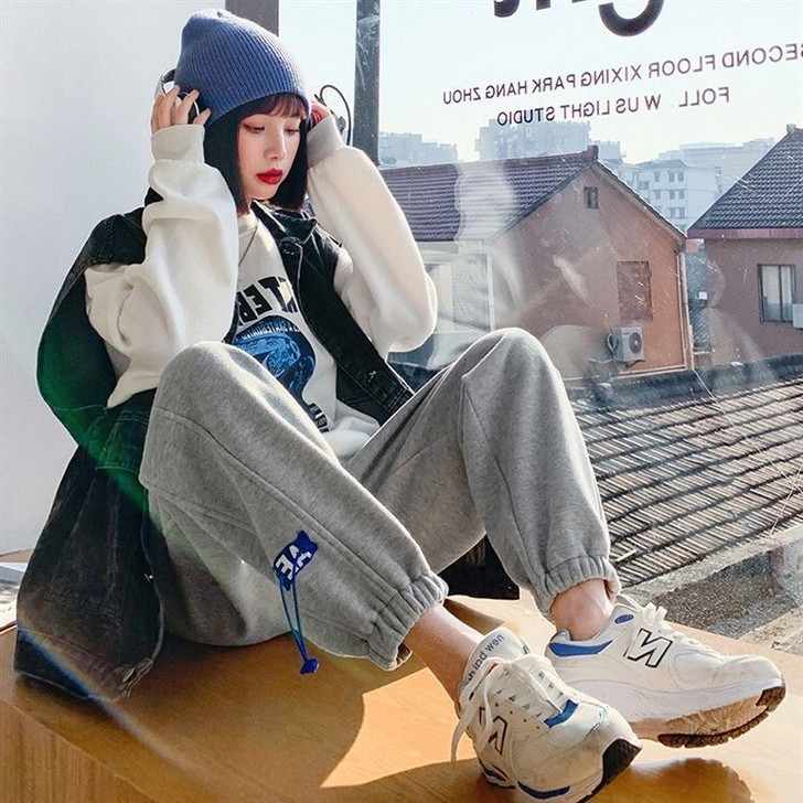 裤子女宽松百搭潮流束脚卫裤学生韩版ins原...