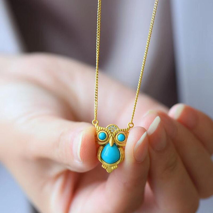 天然美国松石蛋面猫头鹰吊坠925纯银厚金镶...