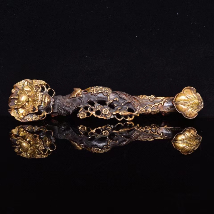 【臻品收藏】纯铜鎏金老铜工艺《喜上眉梢龙头...