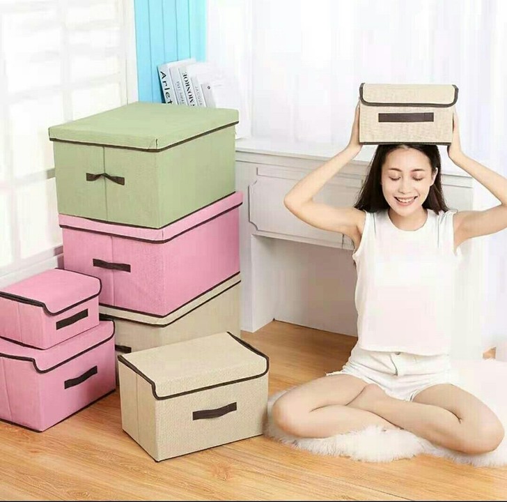 居家布艺折叠收纳箱储蓄盒带盖防尘便携衣物杂...