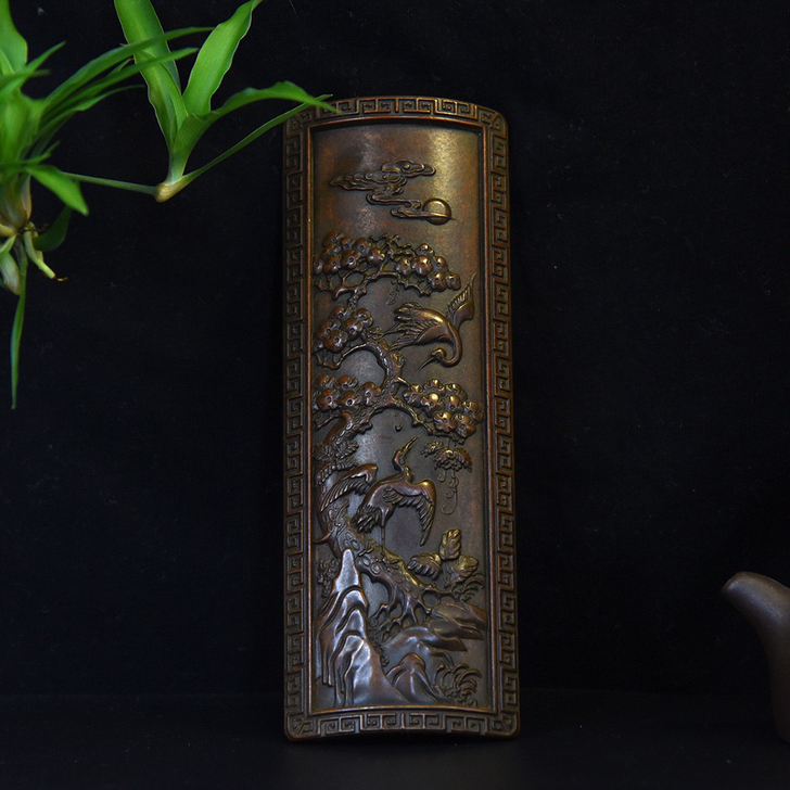 手工纯铜失蜡法茶则复浮雕松鹤纹茶荷