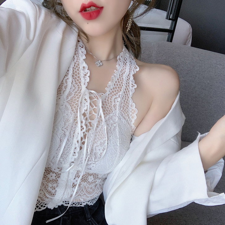 ByYou 秋季性感露背白色蕾丝吊带背心女...