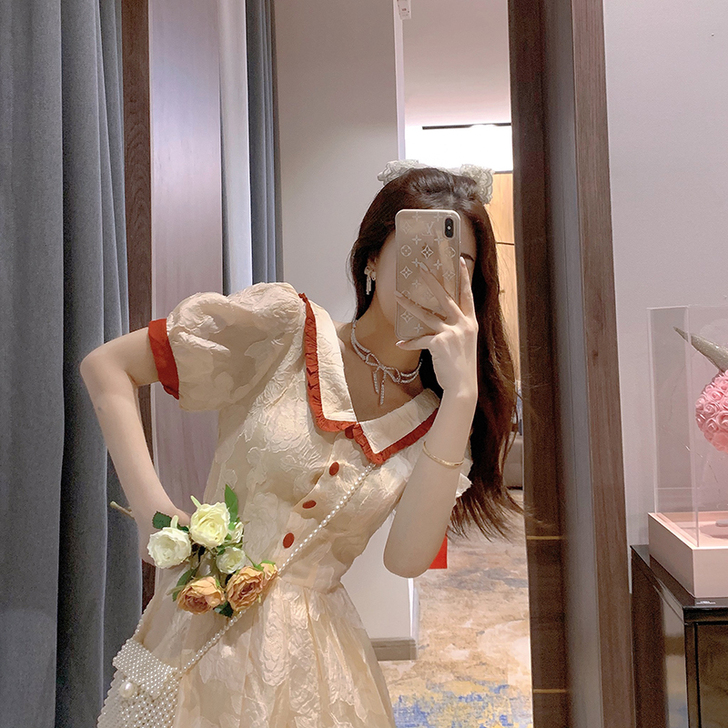 宫廷风法式方领连衣长裙子复古甜美温柔仙女裙...