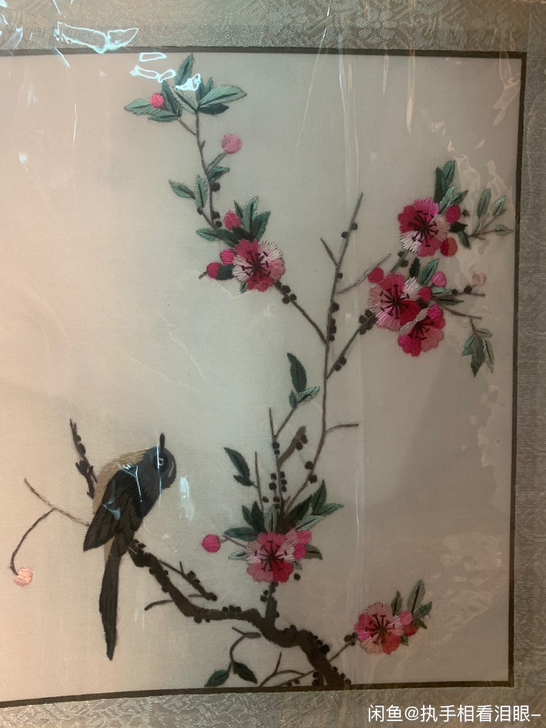 苏绣刺绣成品蚕丝线刺绣画花鸟图 锦绫布已裱...