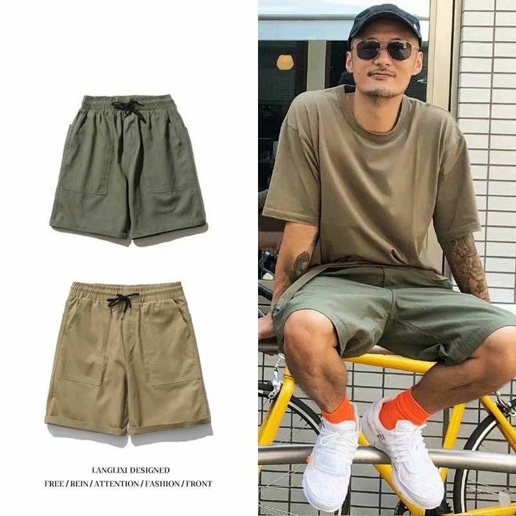 棉质余文乐水洗工装短裤男夏外穿宽松潮牌in...