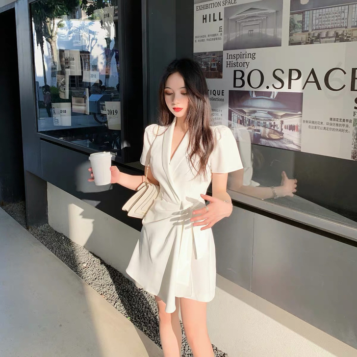 ByYou 夏季v领白色气质西装连衣裙女神...