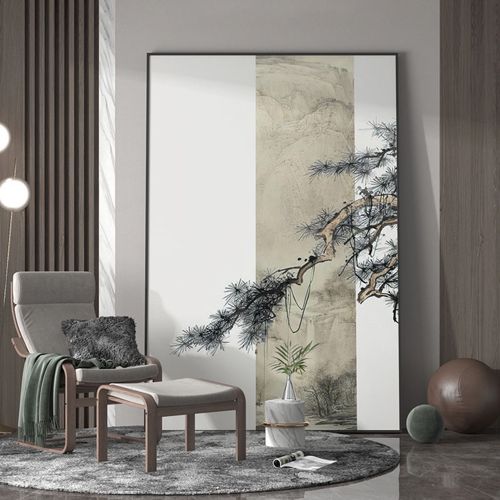 新中式轻奢客厅玄关装饰画松树禅意中国风背景...