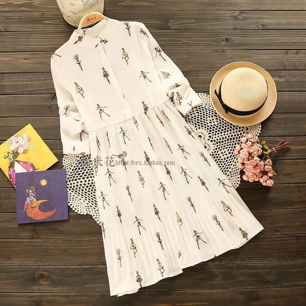 2016春装新款芭蕾娃娃中长款连衣裙立领百...