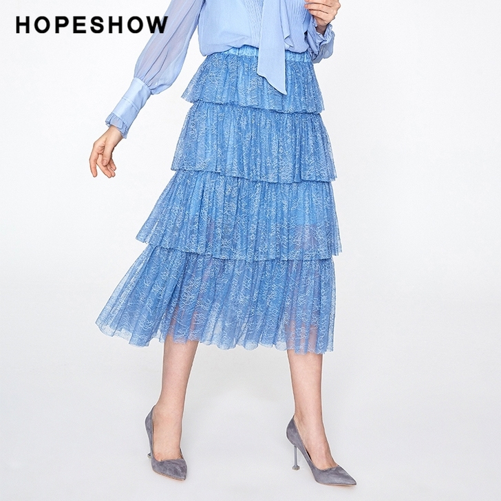 红袖商场同款半身裙女秋装新款蓝色蕾丝网纱蓬...