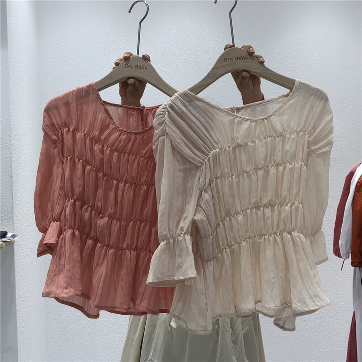 圆领压褶小设计气质雪纺衫  ，粉色和米色都...