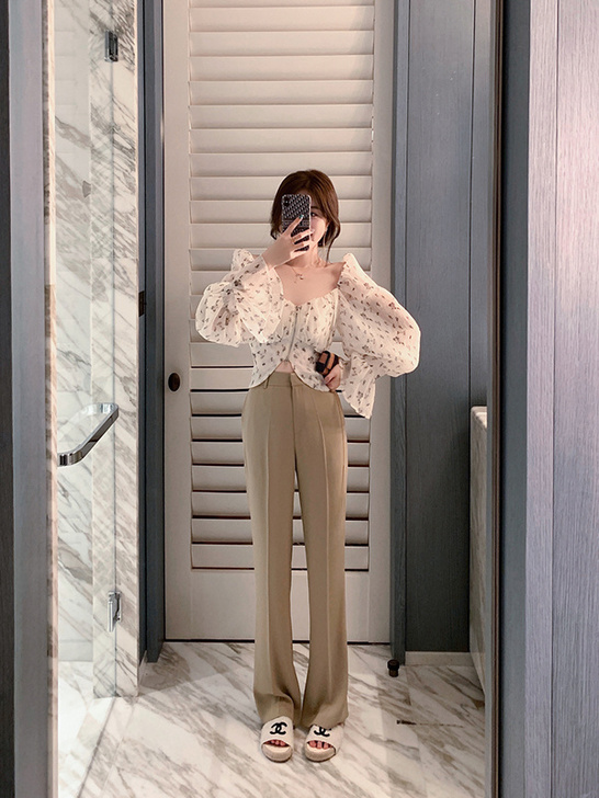 ByYou 黑色西装开叉裤子高腰冰丝休闲裤...