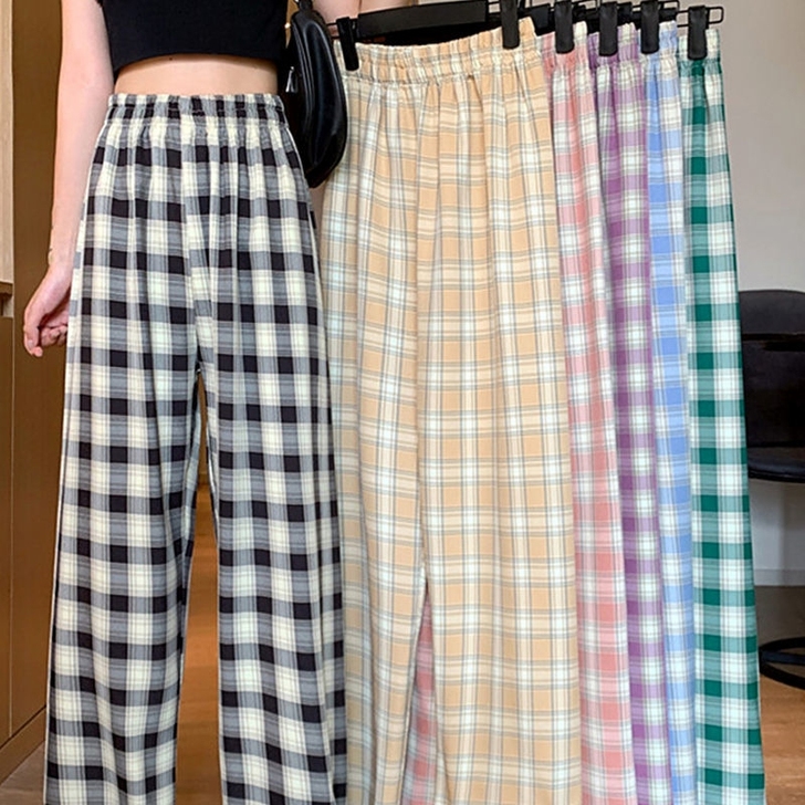 大格子阔腿裤休闲裤直筒长裤女潮2021春夏...