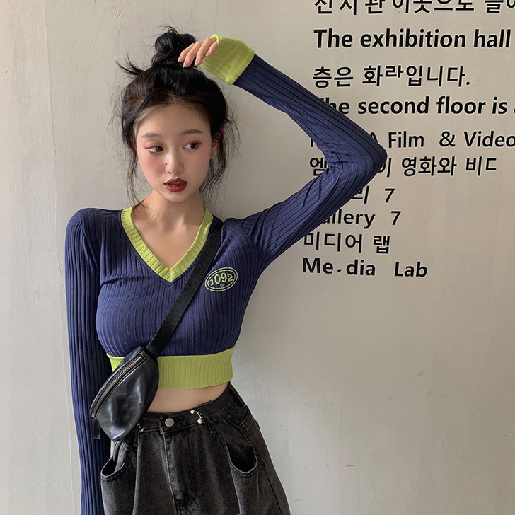 V领内搭针织衫辣妹春季紧身长袖上衣2021...