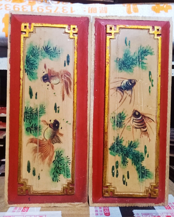 老木雕老漆画板古玩民俗摆件装饰旧货两件精美...