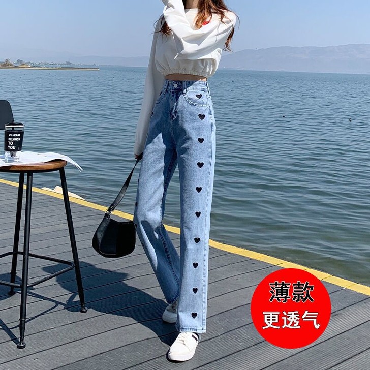 爱心印花牛仔裤女阔腿裤高腰显瘦韩版学生百搭...