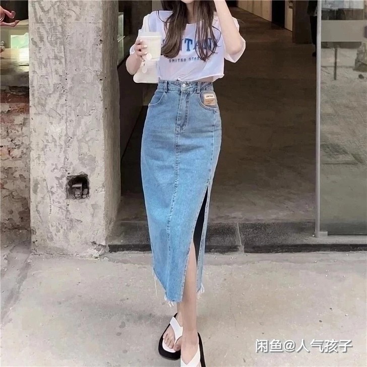 A字裙开叉显瘦半身牛仔裙   只有L码数1...