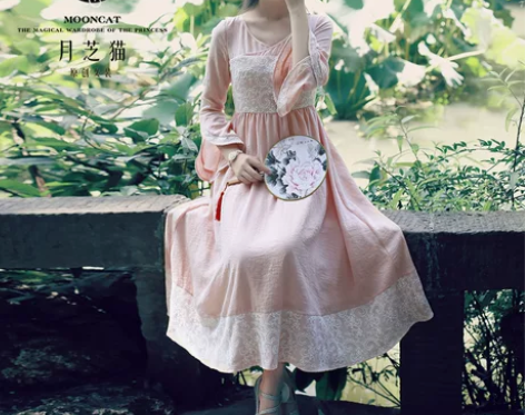 月芝猫原创改良中国风古风甜美连衣裙 粉红色...