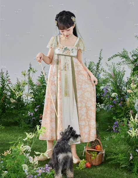 七月夕汉服 国风 鹊灵 吊带绣花印花拼接齐...