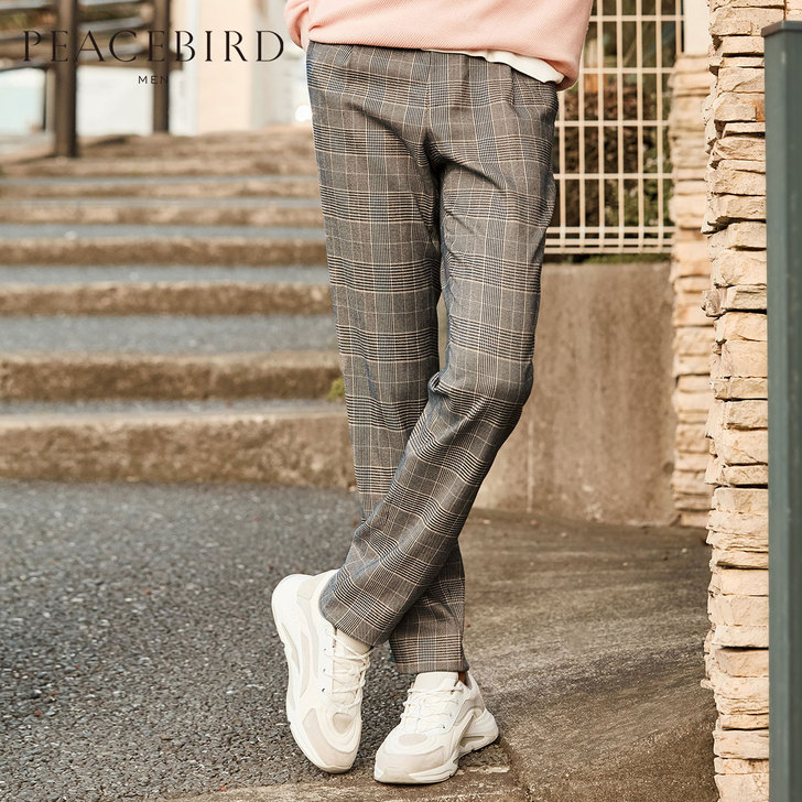 太平鸟男装格纹休闲裤男青年长裤合体直筒裤子...