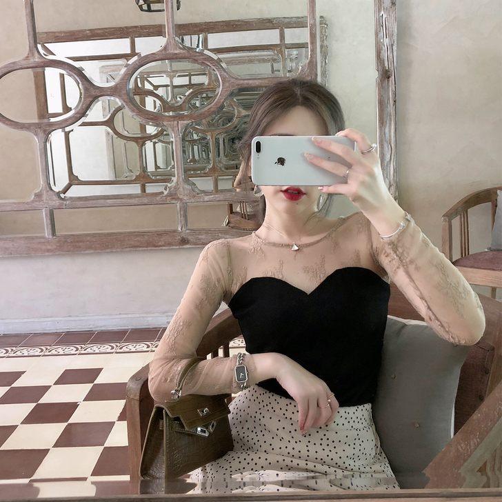 ByYou 2019秋季性感网纱蕾丝雪纺衫...