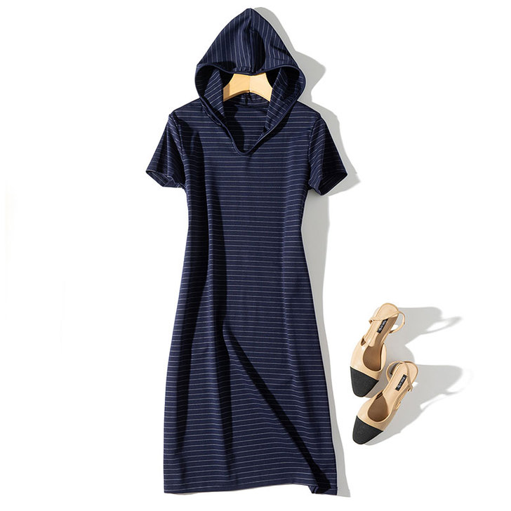 显瘦显高挑 韩版运动风连帽条纹过膝长裙 夏...