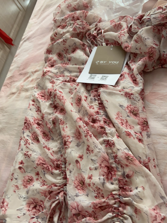 ByYou 夏季复古红色碎花雪纺连衣裙收腰...