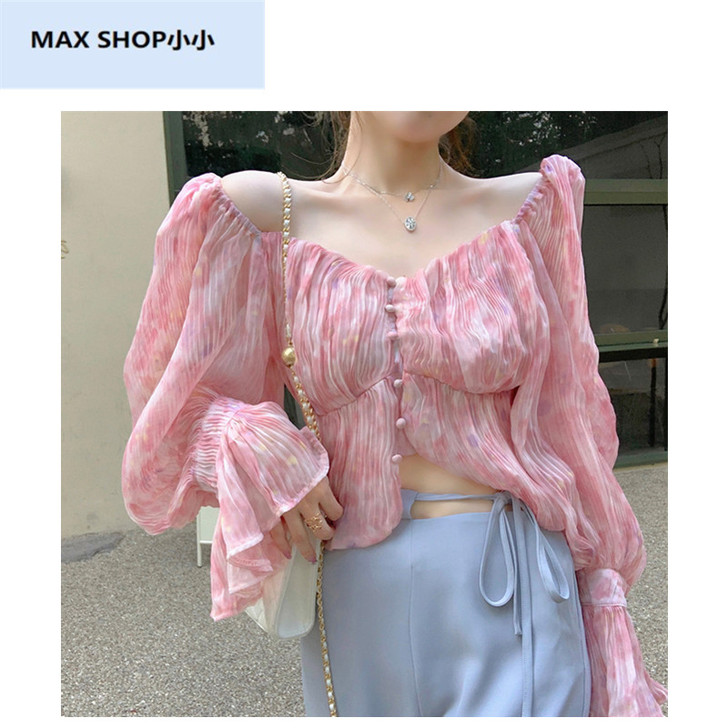 ByYou 夏季喇叭袖露肩粉色压褶雪纺衫女...