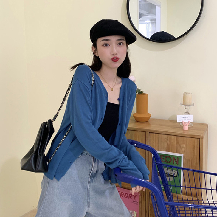 薄款蓝色针织衫开衫外套女2020年秋季新款...