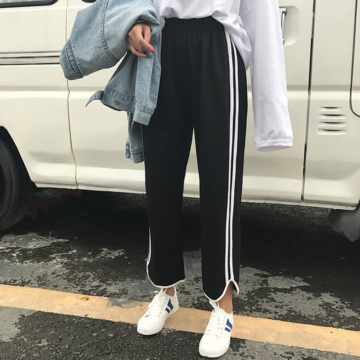 秋季韩版宽松黑色复古九分休闲裤百搭显瘦松紧...
