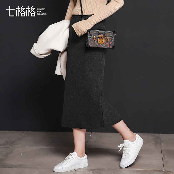 七格格秋冬新开衩高腰铅笔裙毛呢修身显瘦中#...