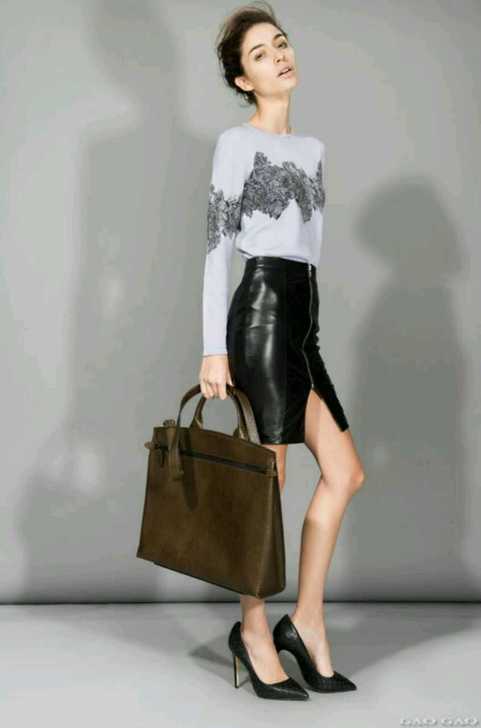 0码 拼接拉链开叉黑色真皮铅笔裙 性感魅惑...