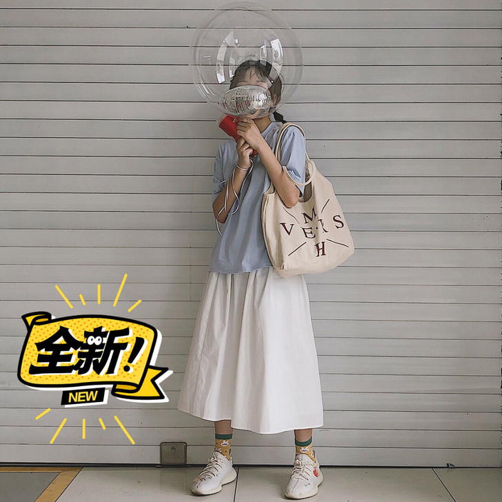 【全新】日系工装裙女夏季港风白色伞裙松紧腰...