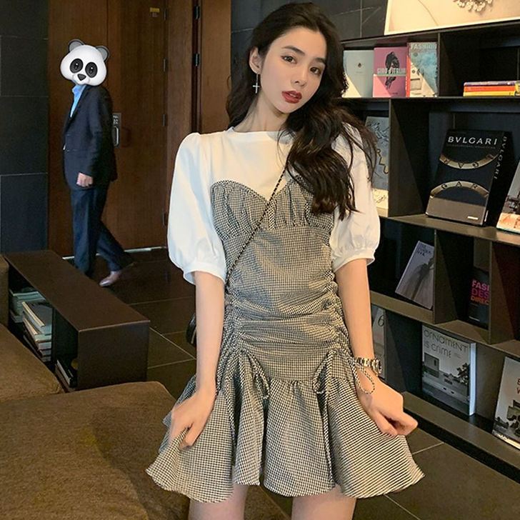 茶歇法式复古设计感小众赫本风气质假两件泡泡...