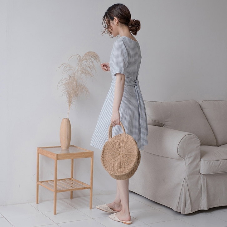 自制2018夏装小清新拼色格子绑带收腰短袖...