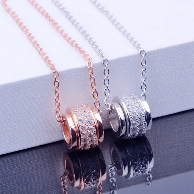 925银 转动旋转钻石项链吊坠纯银 45长...