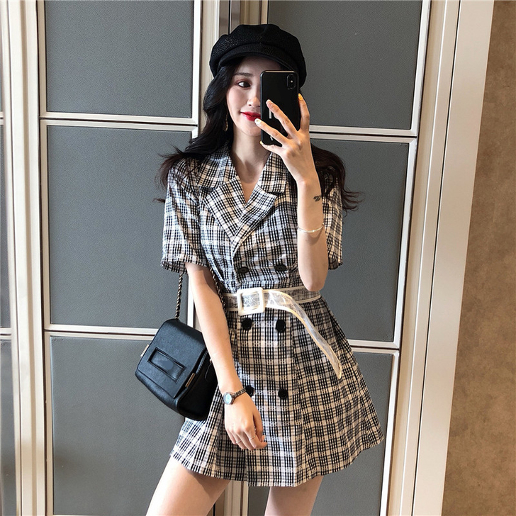 夏季女装2019新款港风复古收腰显瘦短袖格...