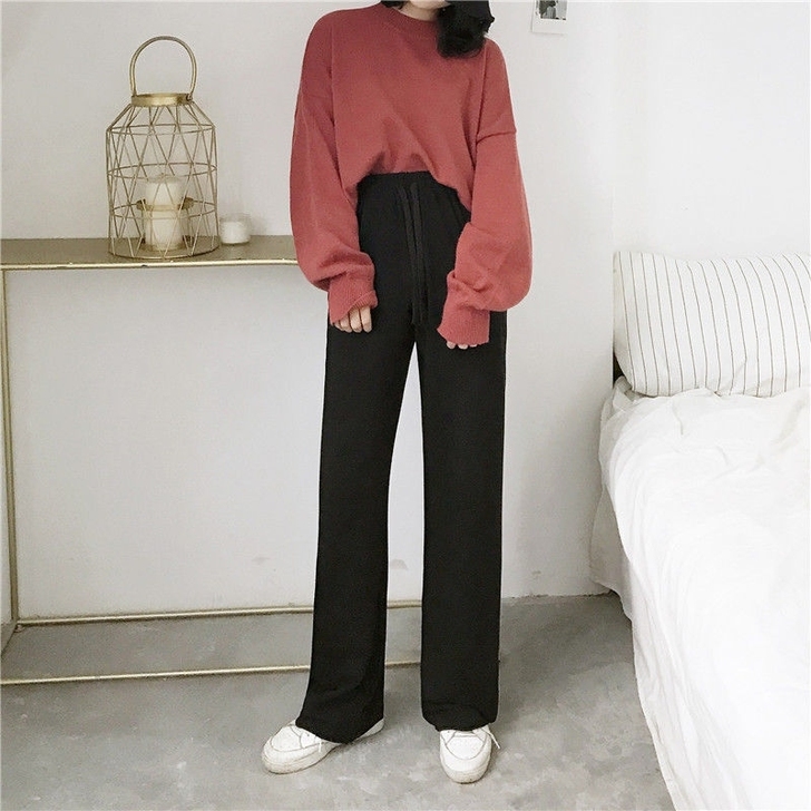 新款韩版纯色系带松紧阔腿裤女高腰宽松简约百...