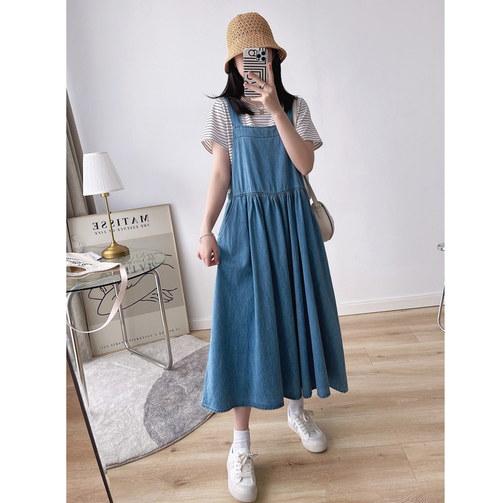 日系减龄天丝牛仔背带裙方领宽松高腰长款大裙...