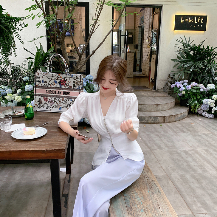 ByYou 夏季法式复古泡泡袖衬衫女设计感...