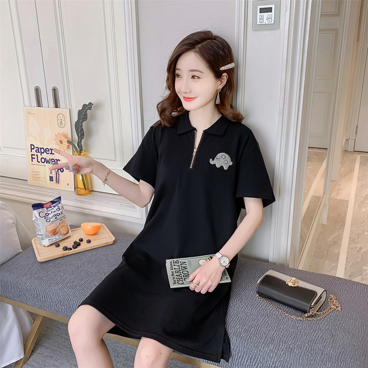 夏装大码运动风翻领纯棉中长款T恤裙女可爱P...