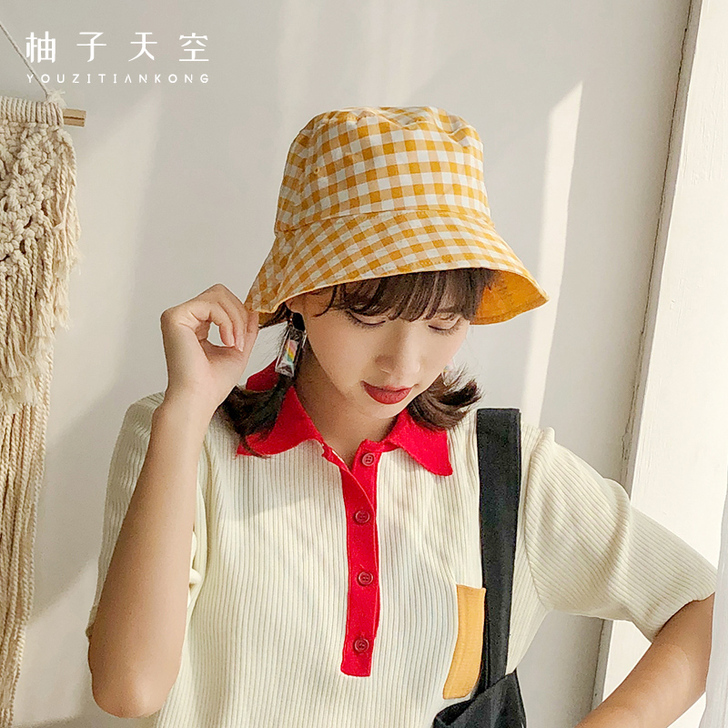 柚子天空  韩版双面渔夫帽女ins小清新格...