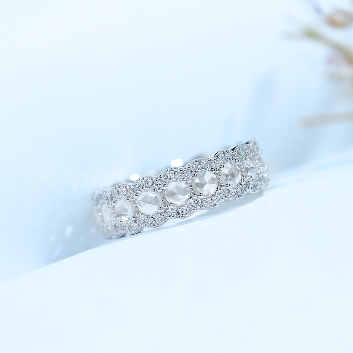 宝石矿工 18k白金玫瑰切钻石戒指