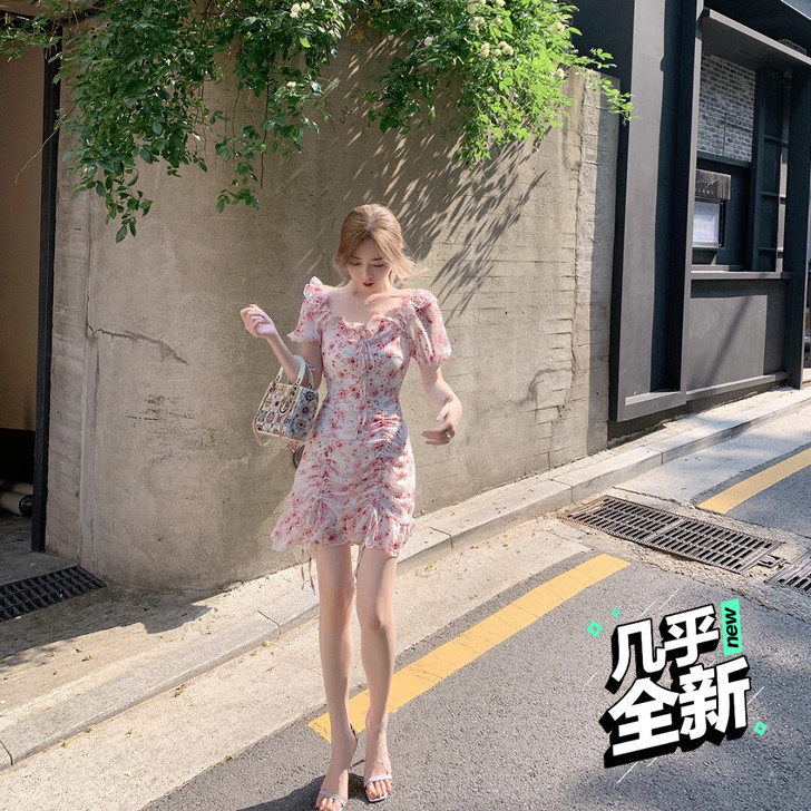 ByYou 夏季复古红色碎花雪纺连衣裙收腰...