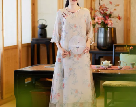2022夏秋中国风连衣裙改良汉服如意纱碎花...
