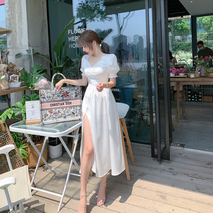 ByYou 轻熟风白色绸缎名媛气质连衣裙女...